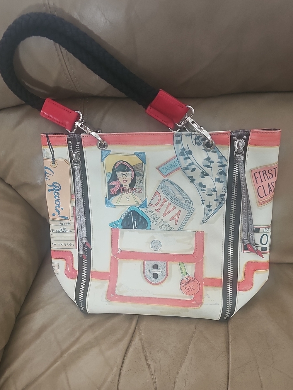 Brighton Cream Tote with Coral Trim and Black Braided Handles